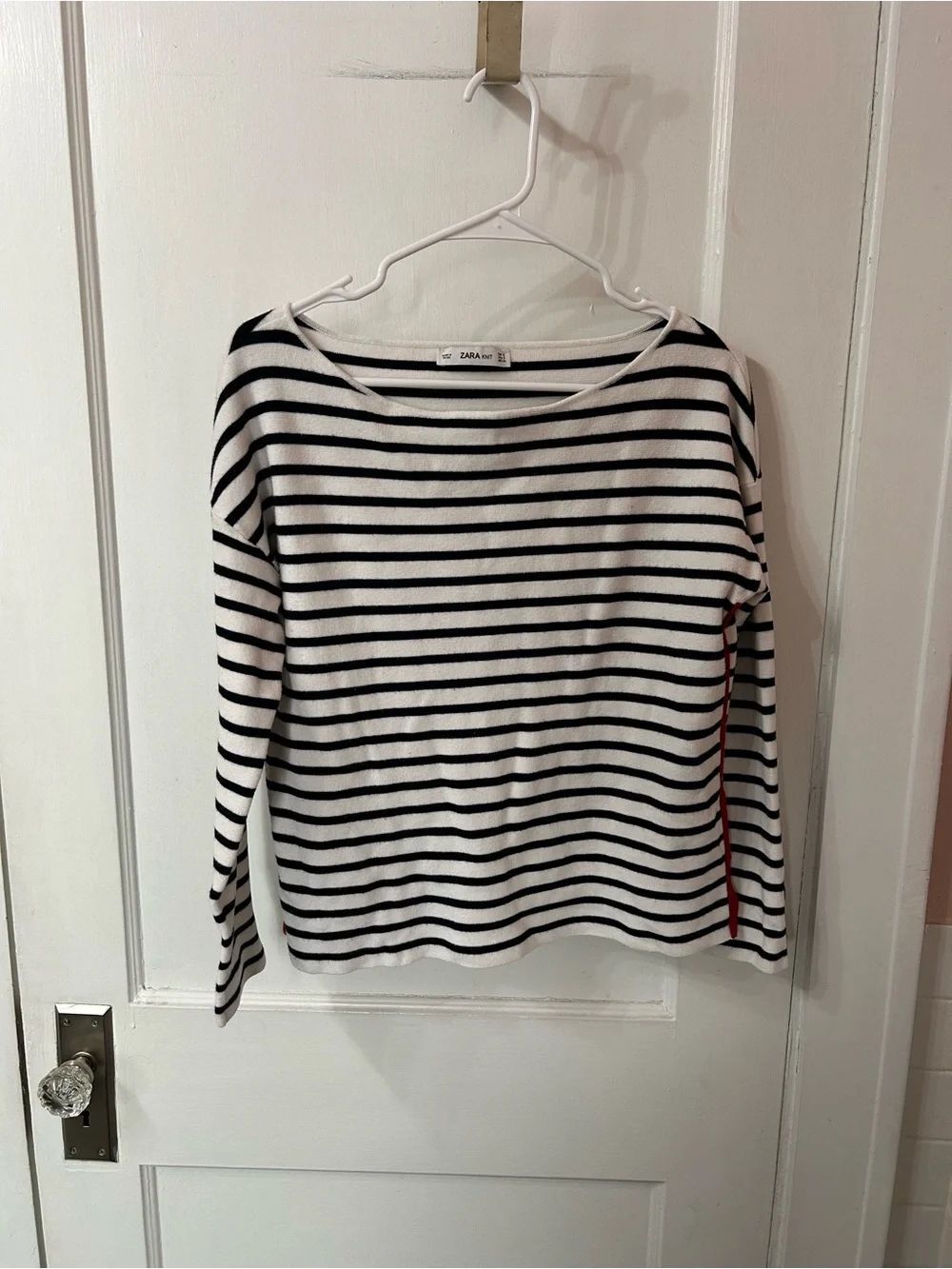 Zara Black & White Striped Long Sleeve Top with Red Side Detail